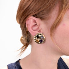 Vintage Modernist 14K Gold, Garnet, Topaz, and Sapphire Disc Earrings