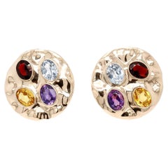 Vintage Modernist 14K Gold, Garnet, Topaz, and Sapphire Disc Earrings