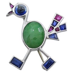 Vintage Modernist 14k White Gold Multigemstone Bird Brooch