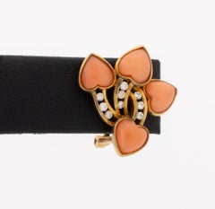 Vintage Modernist 14K Yellow Gold and Coral Diamond Earrings