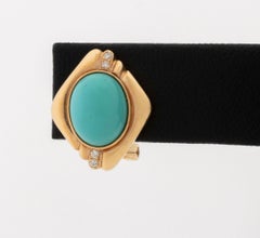 Vintage Modernist 14K Yellow Gold and Turquoise Diamond Earrings