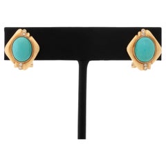 Vintage Modernist 14K Yellow Gold and Turquoise Diamond Earrings
