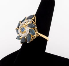 Vintage Modernist 14K Yellow Gold Sapphire and Diamond Cocktail Ring