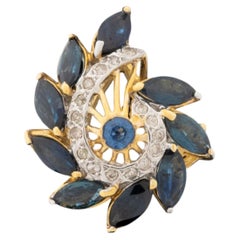 Cocktailring im Vintage-Modernismus-Stil aus 14-karätigem Gelbgold mit Saphiren und Diamanten