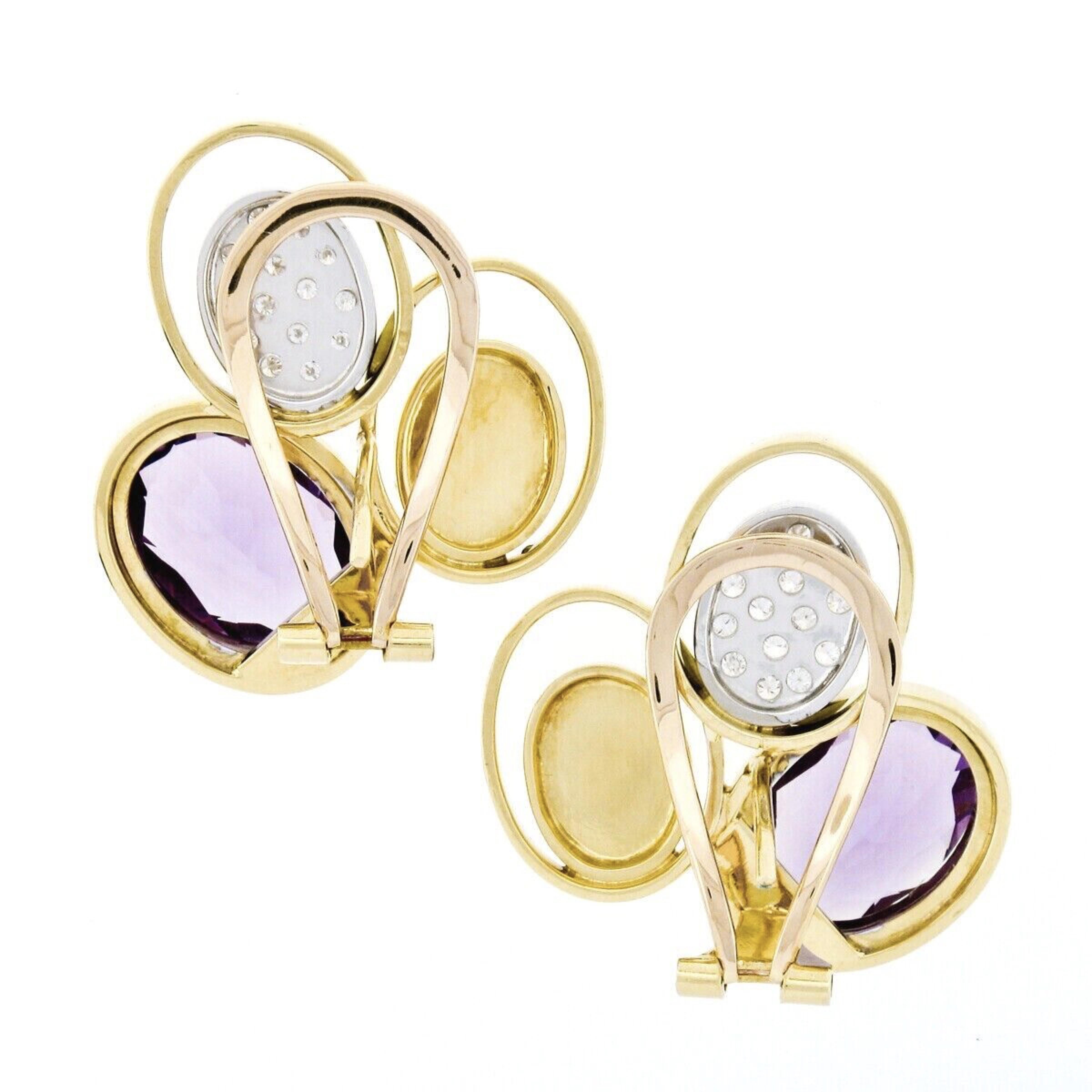 Oval Cut Vintage Modernist 18k Gold Amethyst Diamond Triple Oval Large Statement Earrings For Sale
