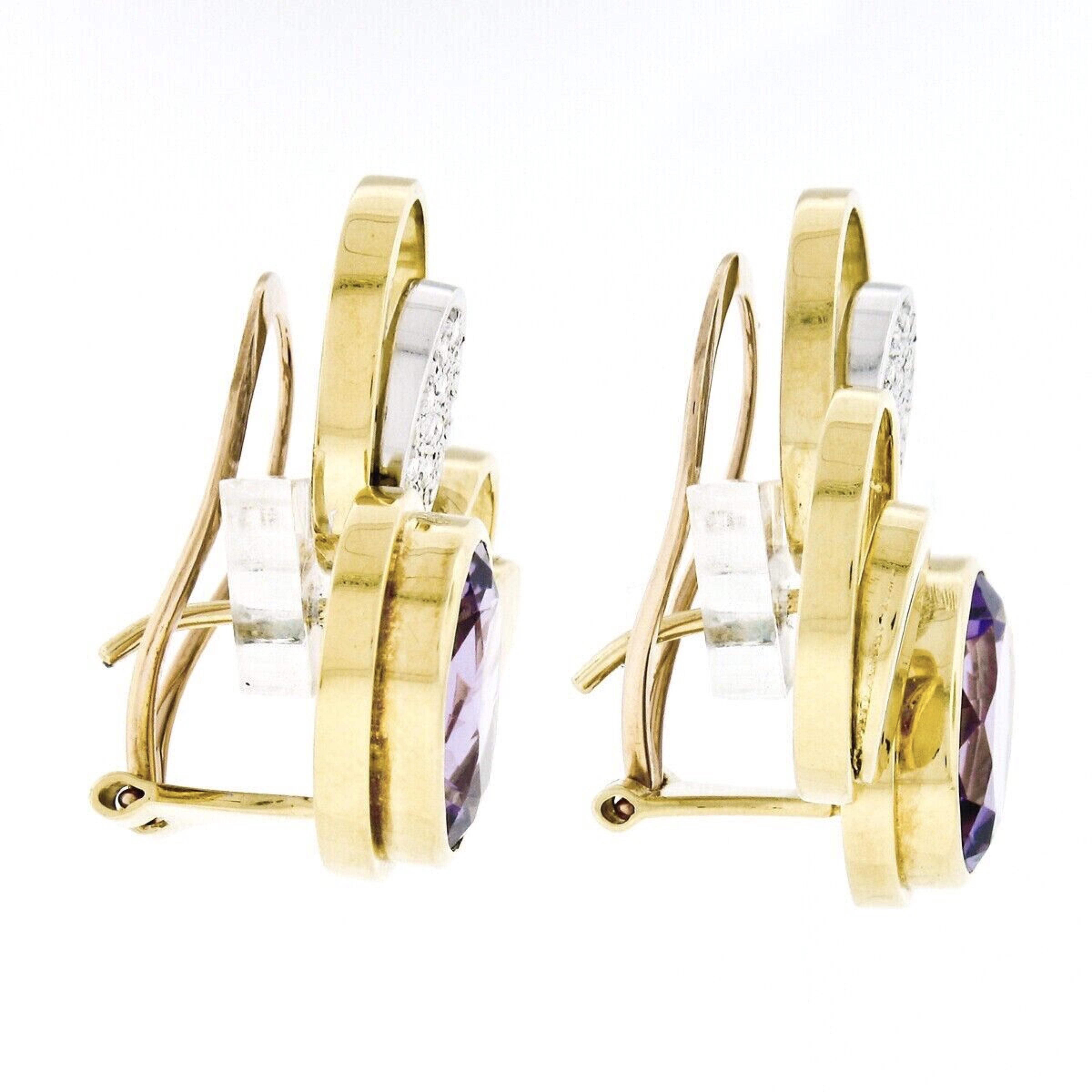 Women's Vintage Modernist 18k Gold Amethyst Diamond Triple Oval Large Statement Earrings For Sale