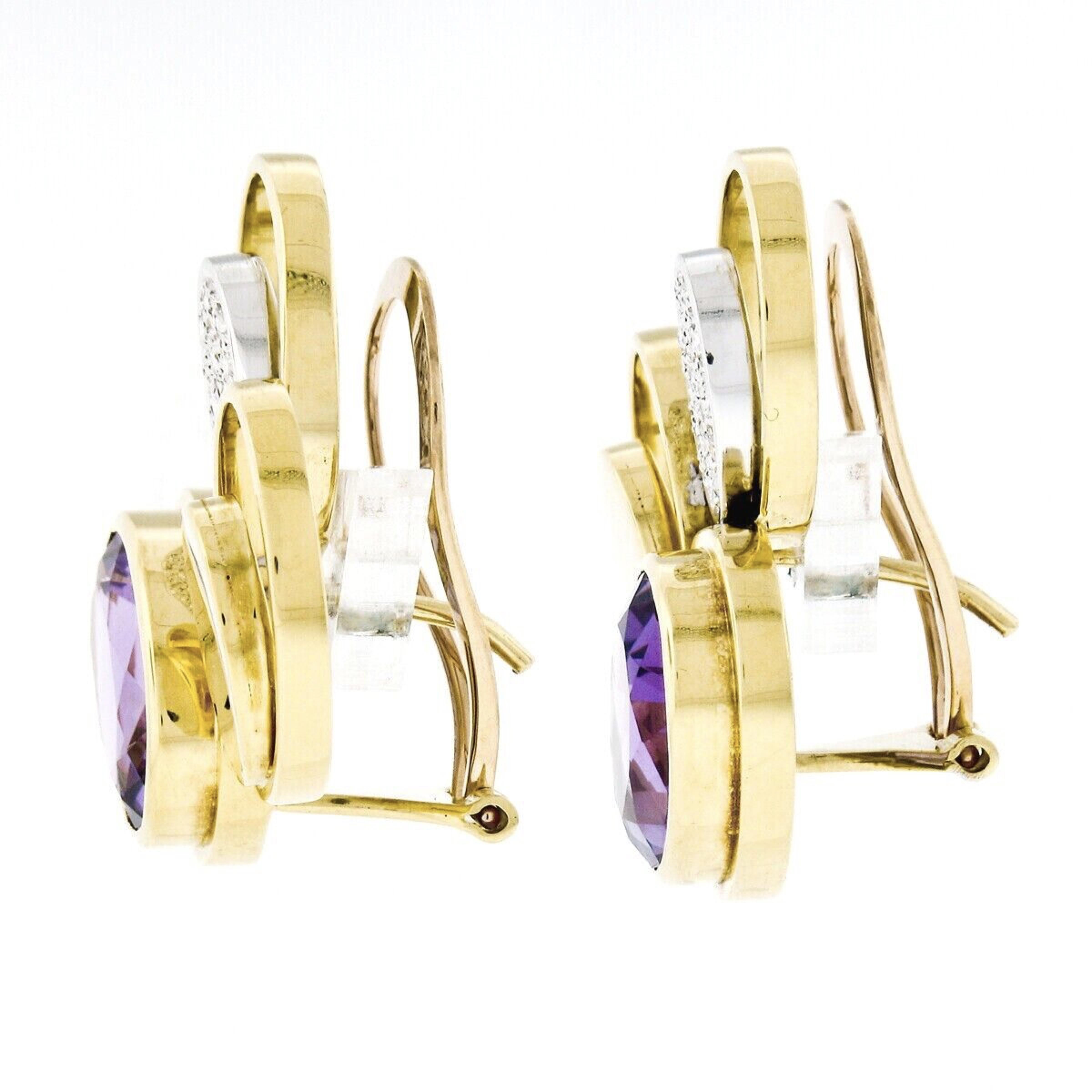Vintage Modernist 18k Gold Amethyst Diamond Triple Oval Large Statement Earrings For Sale 1