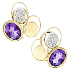 Grandes boucles d'oreilles vintage modernistes en or 18 carats avec triple améthyste ovale et diamants