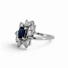 Vintage Modernist 18k Gold Daisy Ring, Natural Sapphire & Diamond