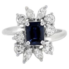 Vintage Modernist 18k Gold Daisy Ring, Natural Sapphire & Diamond