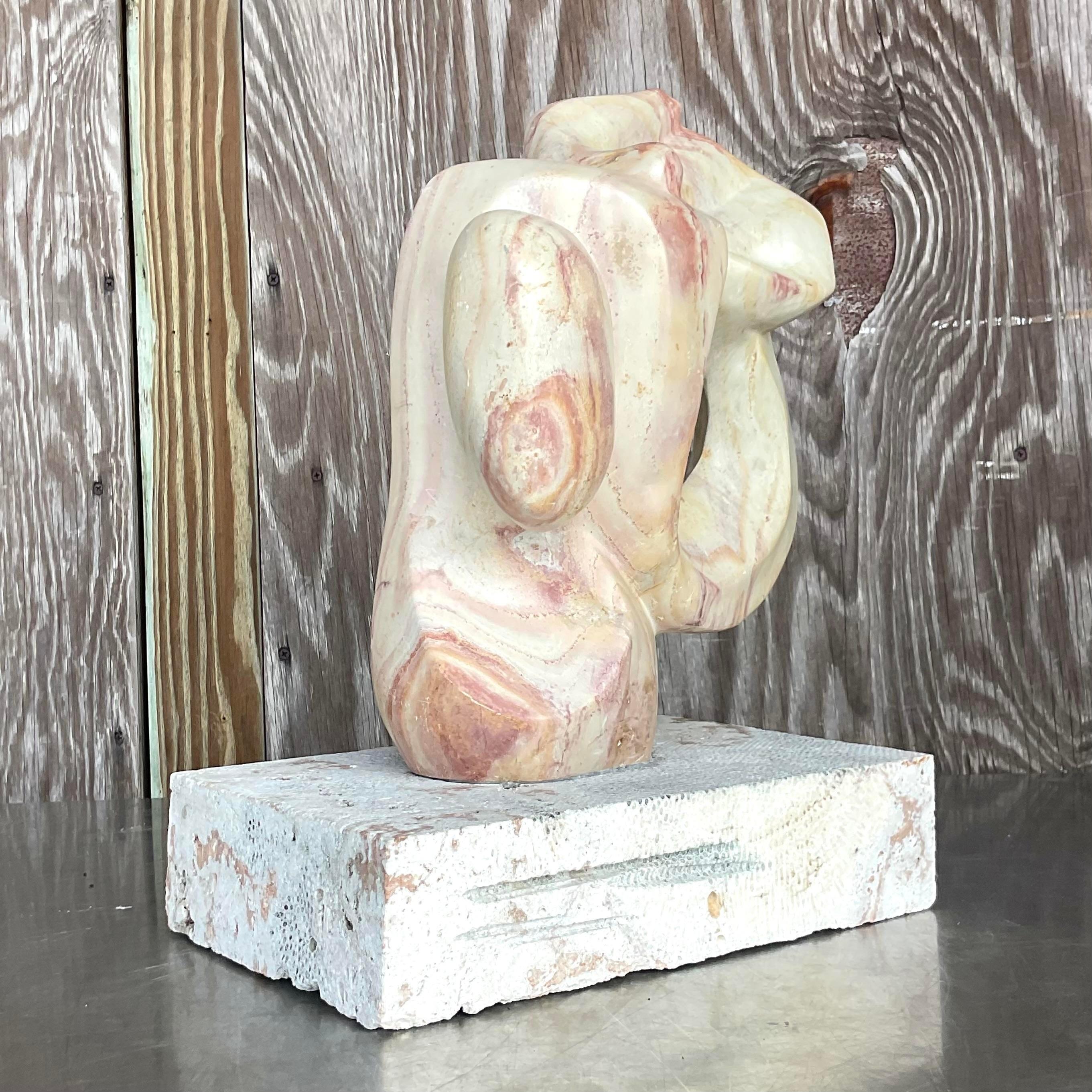 Mid-Century Modern Vintage Modernist Abstract Stone Sculpture on Coquina Plinth For Sale