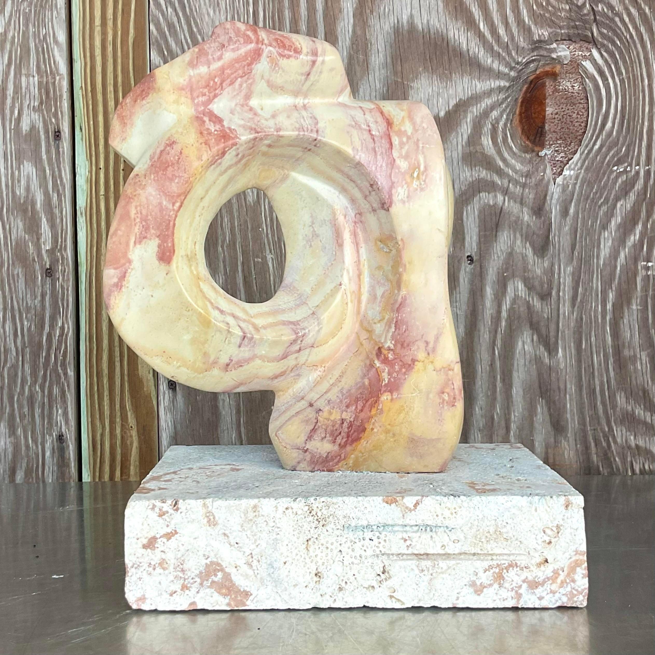 American Vintage Modernist Abstract Stone Sculpture on Coquina Plinth For Sale