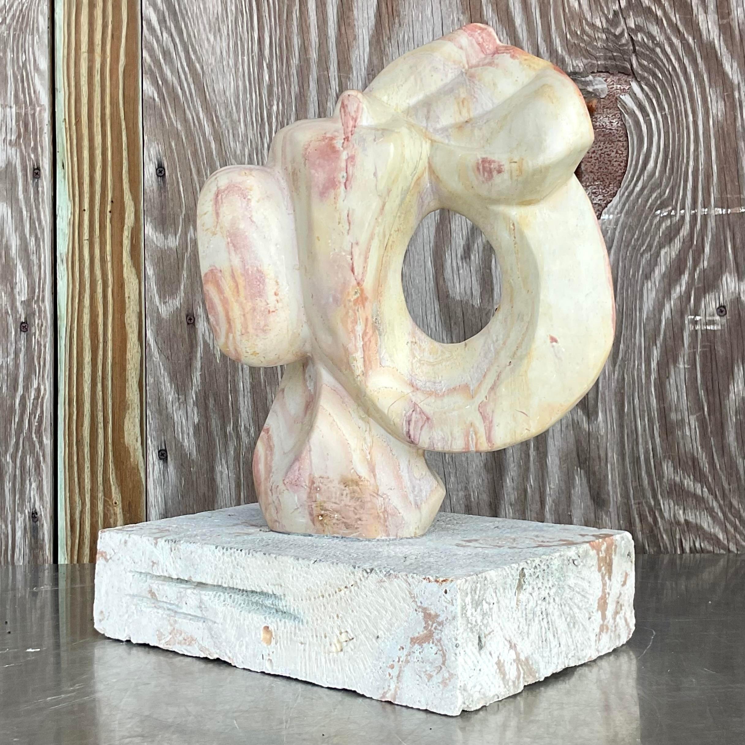 Vintage Modernist Abstract Stone Sculpture on Coquina Plinth In Good Condition For Sale In west palm beach, FL