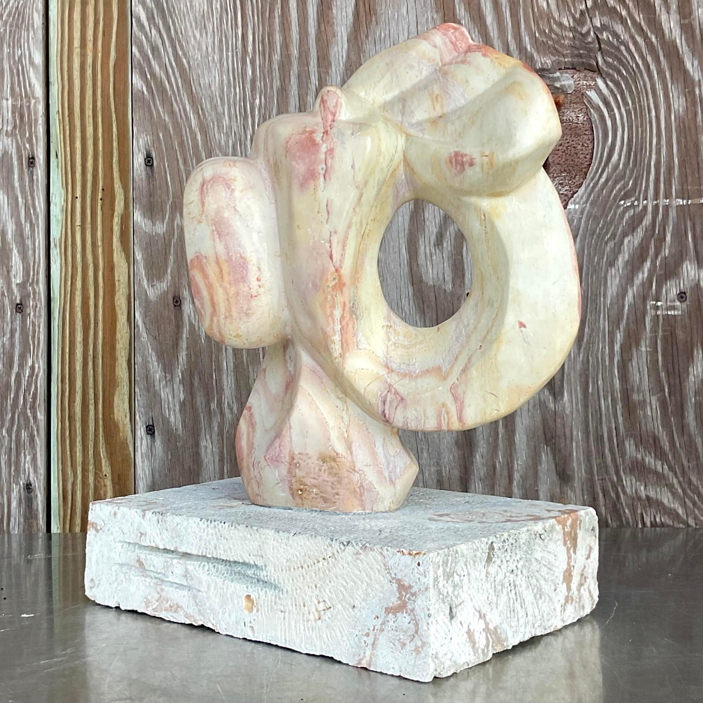 20th Century Vintage Modernist Abstract Stone Sculpture on Coquina Plinth For Sale
