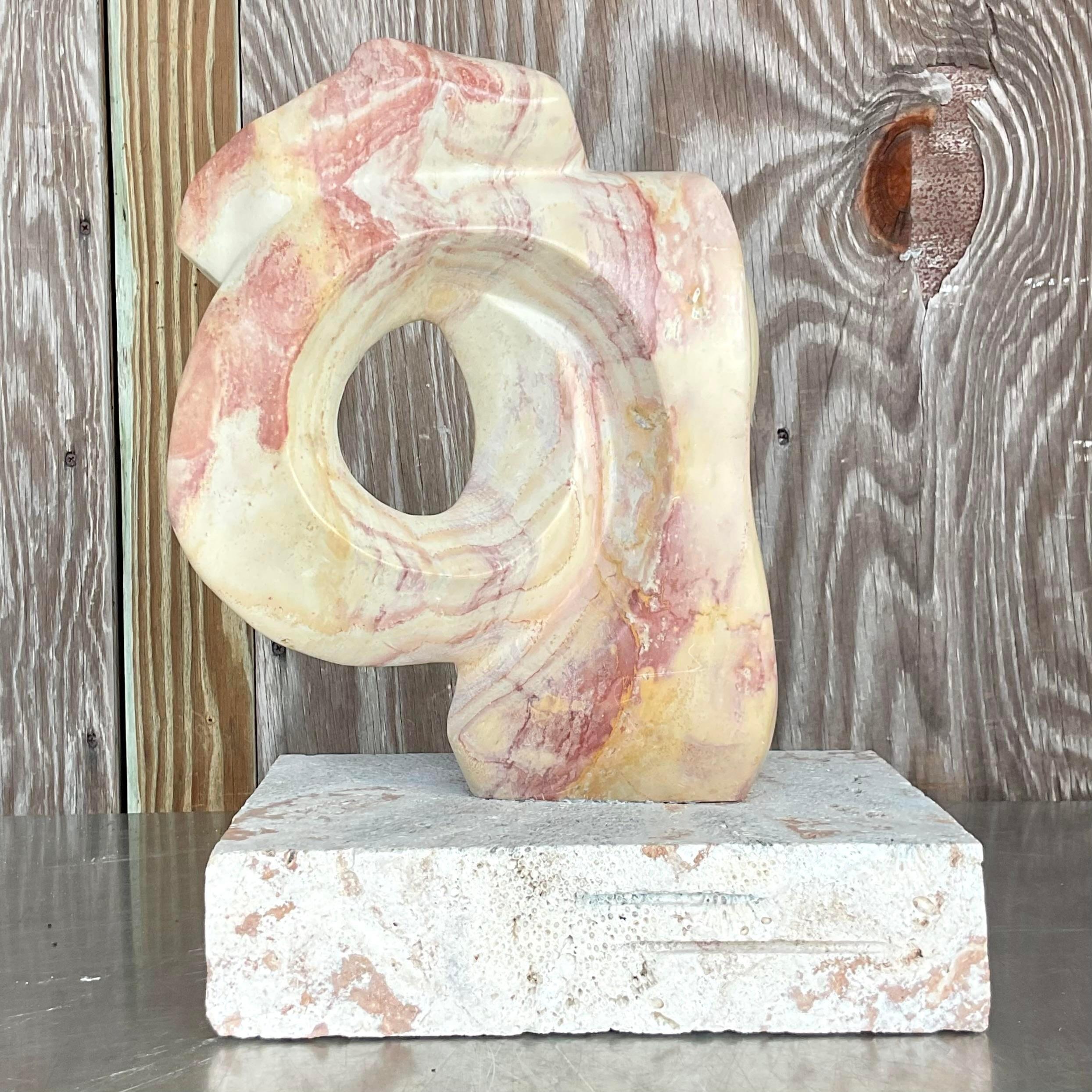 Vintage Modernist Abstract Stone Sculpture on Coquina Plinth For Sale 1