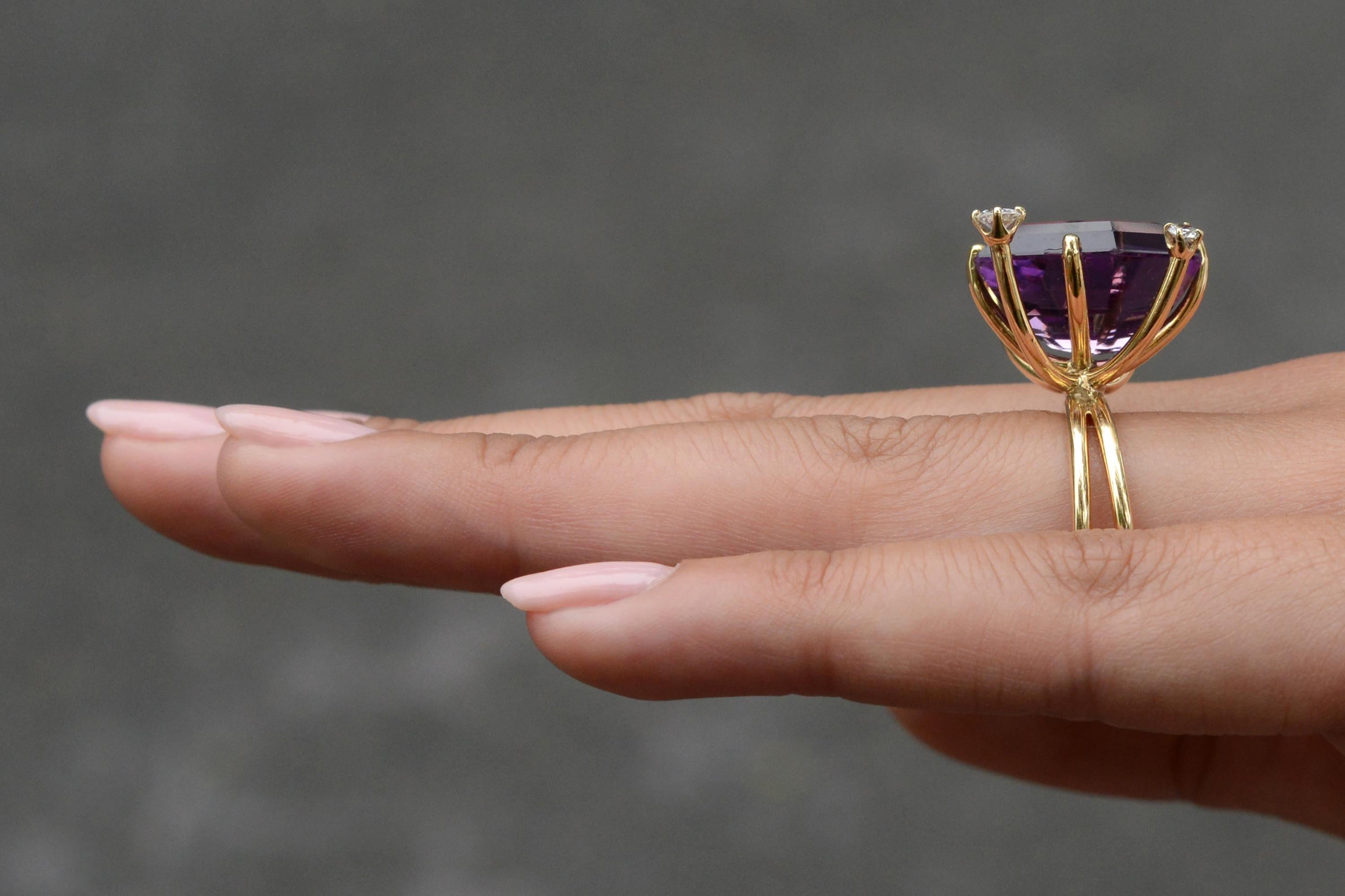 Emerald Cut Vintage Modernist Amethyst and Diamond Cocktail Ring For Sale