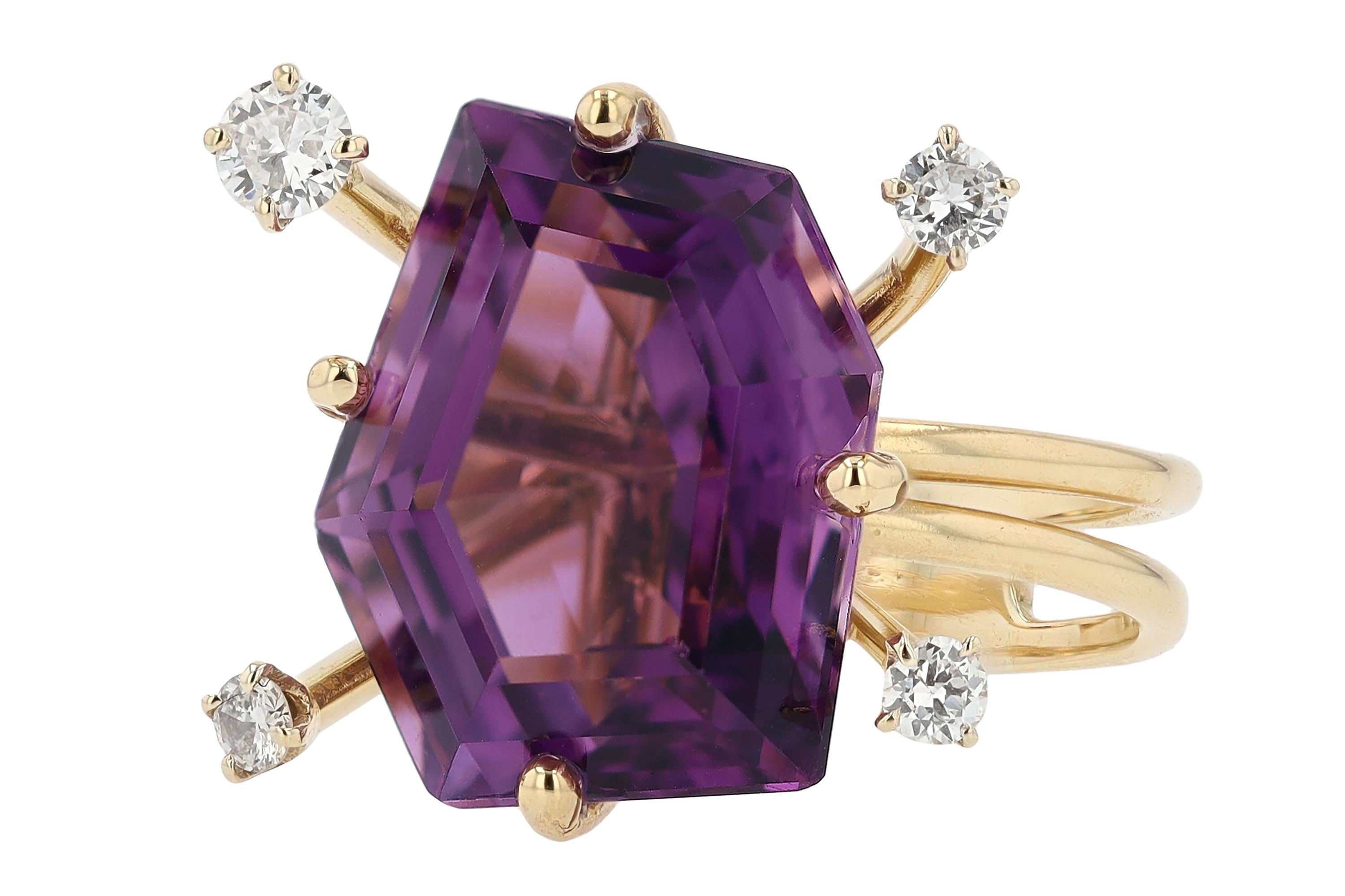 Women's or Men's Vintage Modernist Amethyst and Diamond Cocktail Ring For Sale