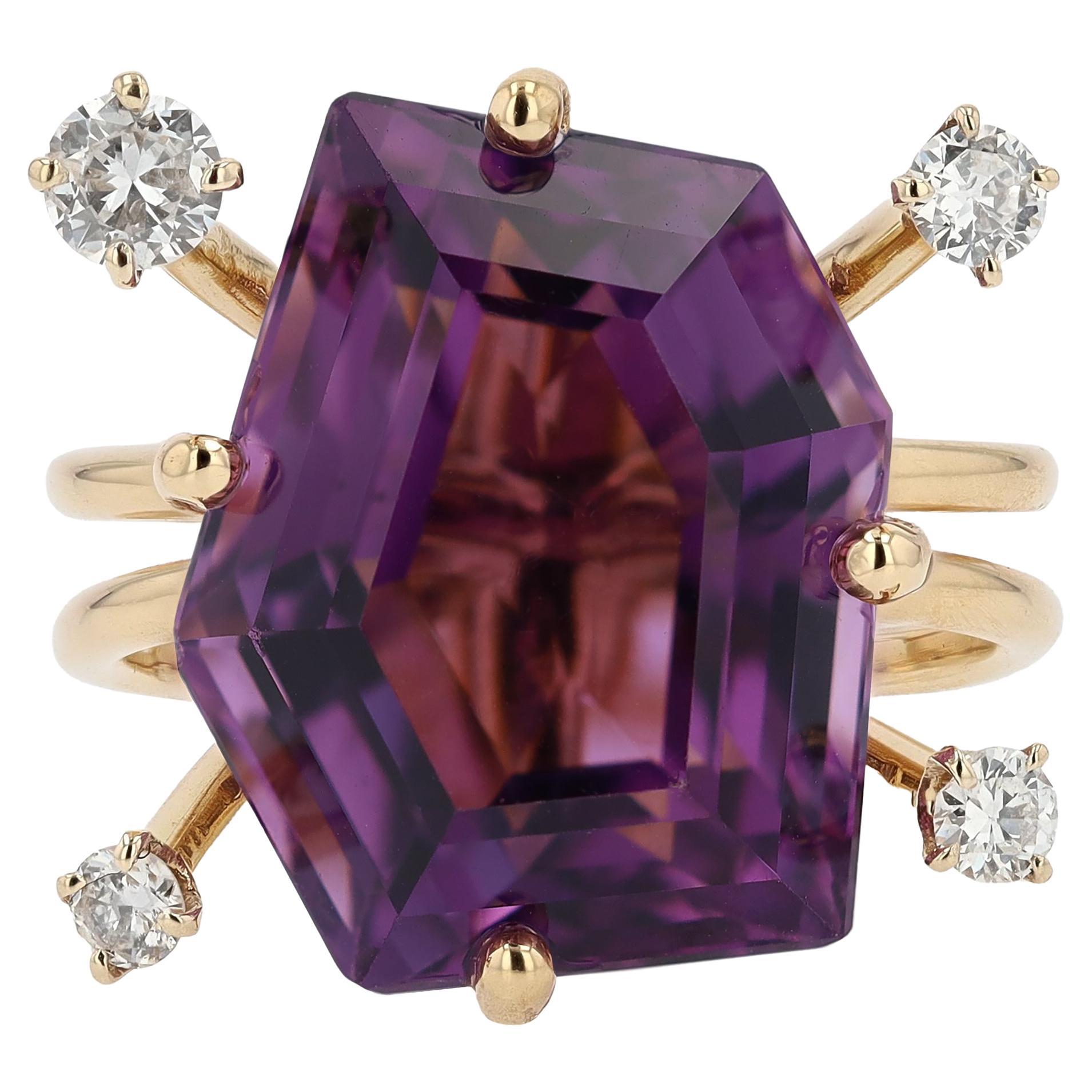 Vintage Modernist Amethyst and Diamond Cocktail Ring For Sale