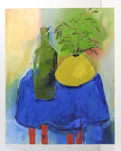 Vintage Modernist Blue Table and Yellow Vase Still Life Painting