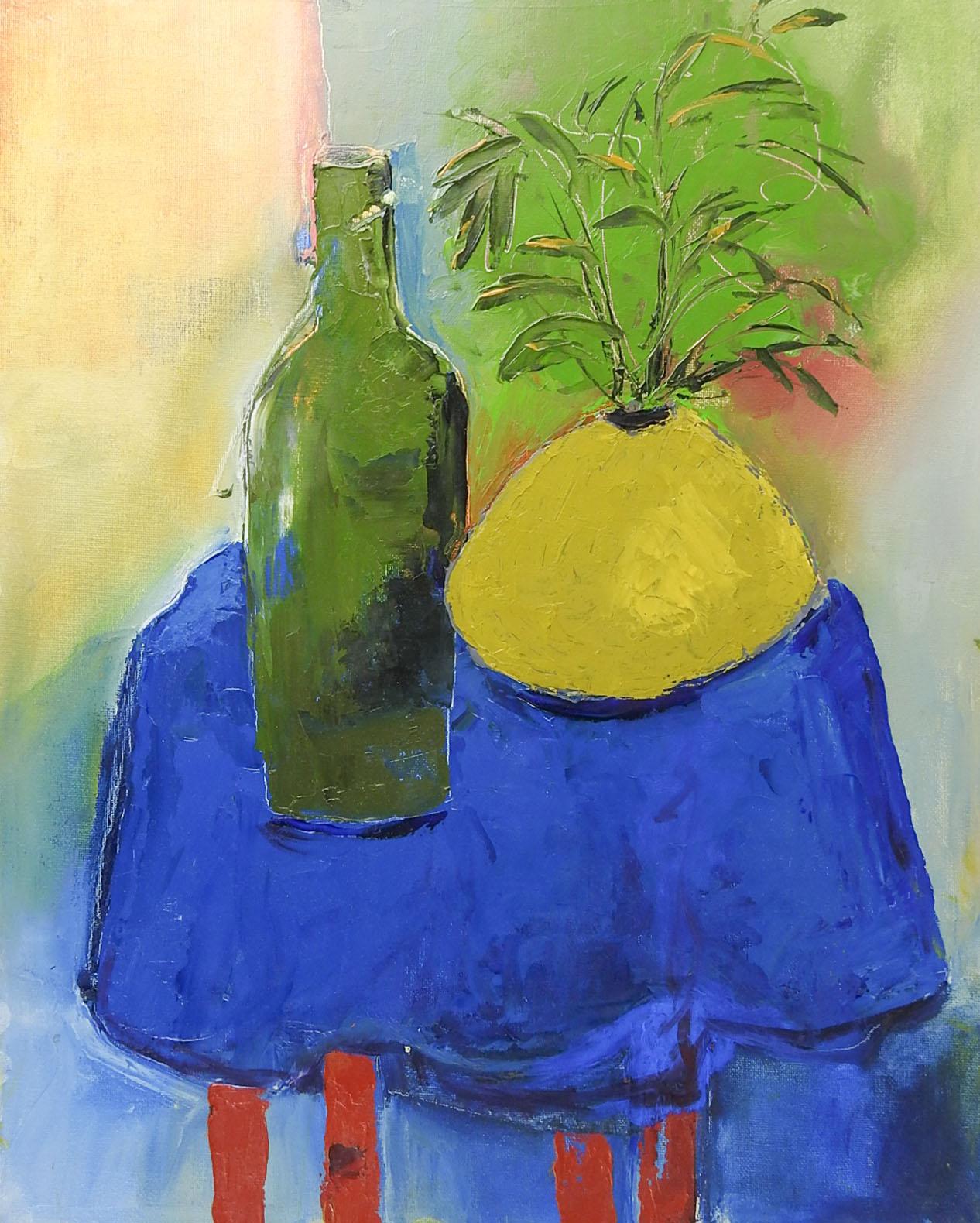 Mid-Century Modern Vintage Modernist Blue Table and Yellow Vase Still Life Painting For Sale