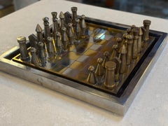Vintage Modernist Brass & Chrome Chess Set with Sculptural Pieces