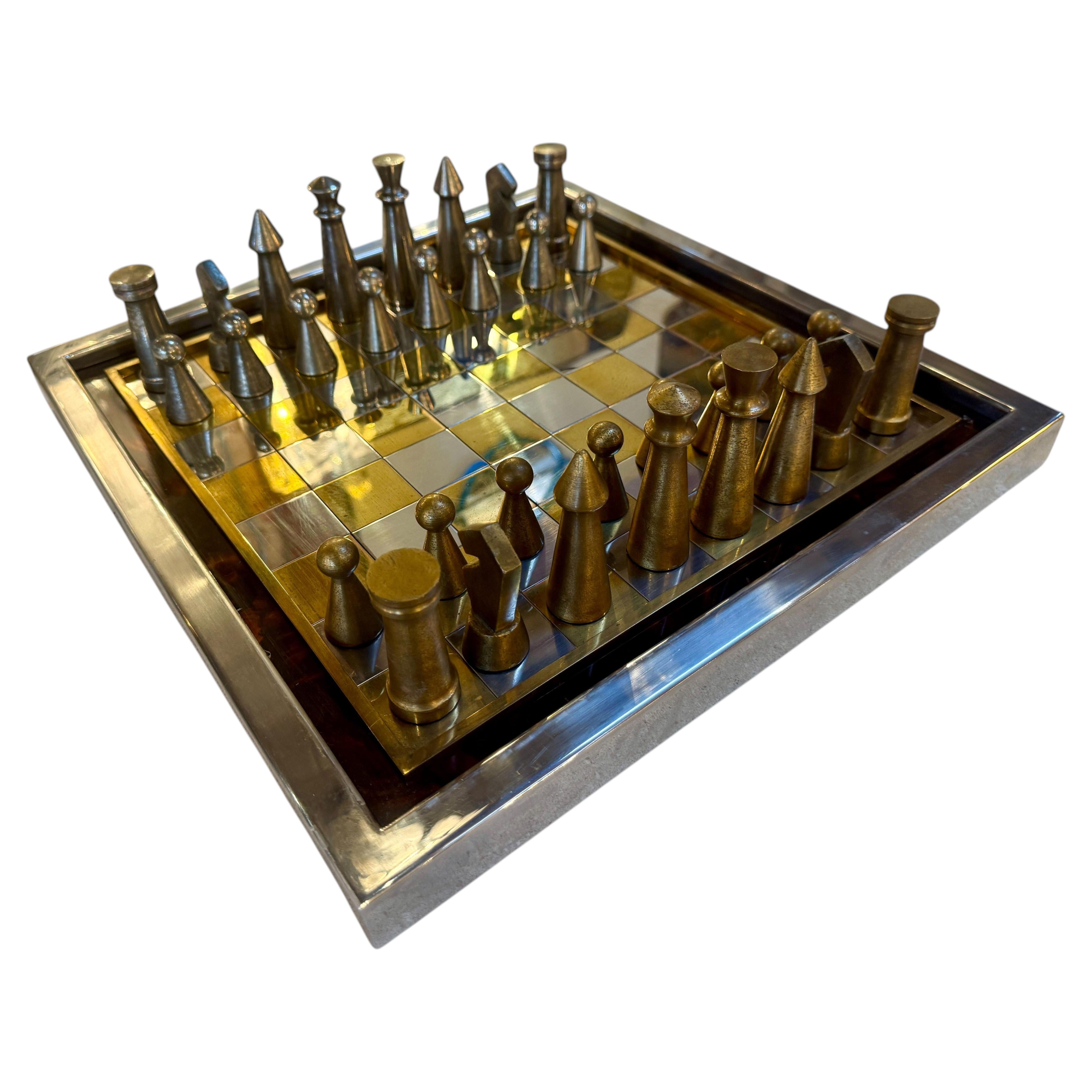 Vintage Modernist Brass & Chrome Chess Set with Sculptural Pieces