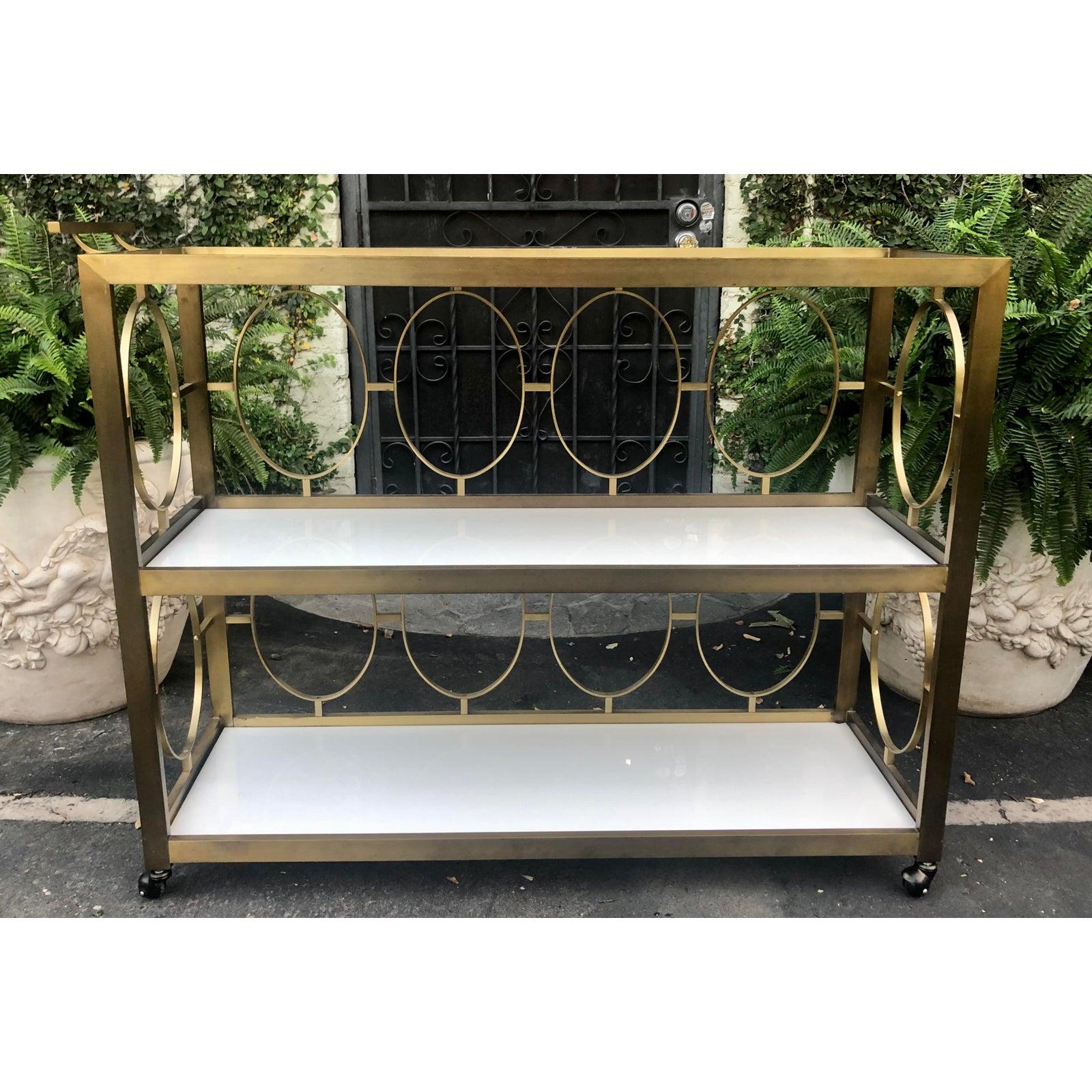 Hollywood Regency Vintage Modernist Bronze and Opaline Glass Cocktail Bar Cart