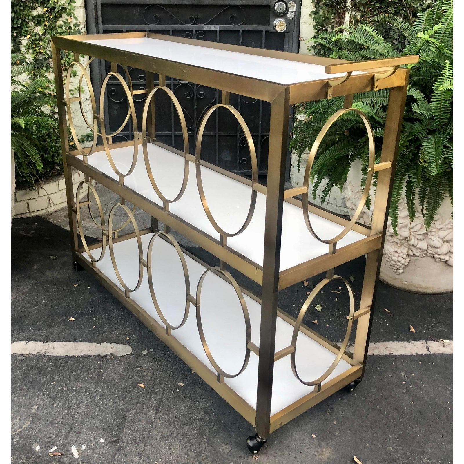 American Vintage Modernist Bronze and Opaline Glass Cocktail Bar Cart