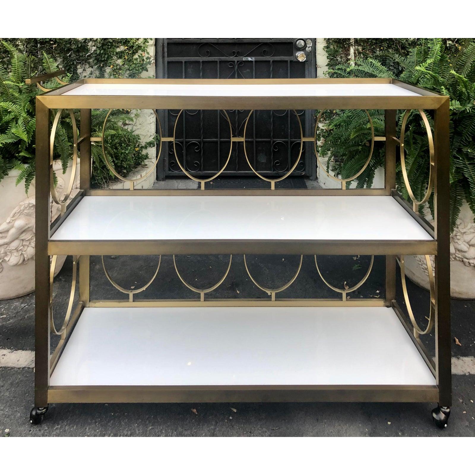 Vintage Modernist Bronze and Opaline Glass Cocktail Bar Cart In Good Condition In LOS ANGELES, CA