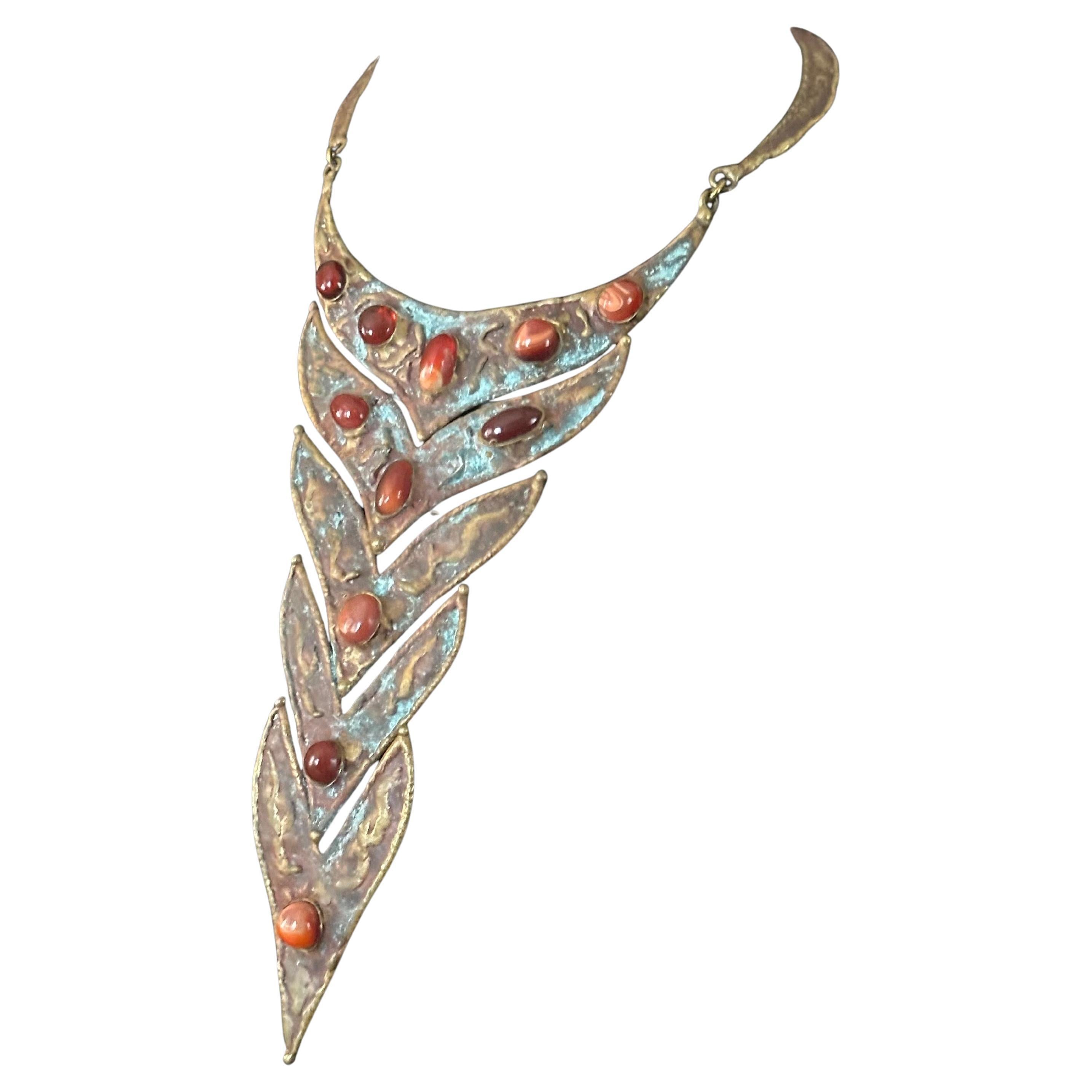 Vintage Modernist Bronze & Stone Halskette von Pal Kepenyes (Mexikanisch) im Angebot