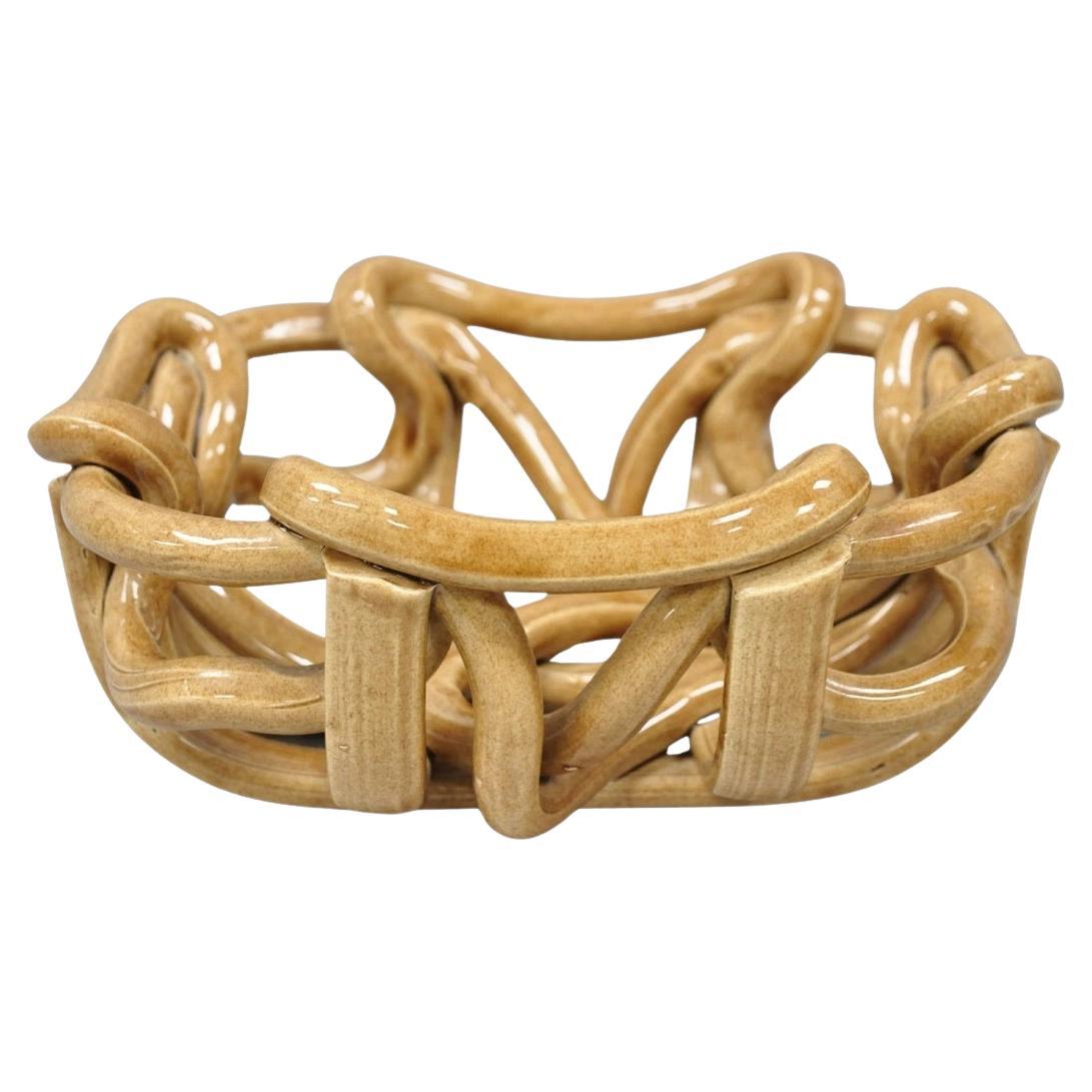 Vintage Modernist Brown Woven Pottery Clay Creations Ceramic Fruit Bowl Basket