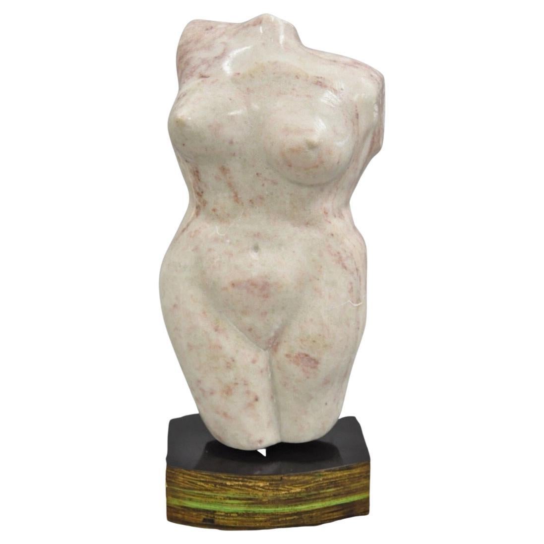Vintage Modernist Carved Pink Alabaster 16" Nude Female Torso Sculpture
