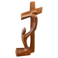 Vintage Modernist Carved Walnut Crucifix / Cross Sculpture
