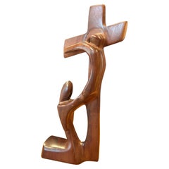 Vintage Modernist Carved Walnut Crucifix / Cross Sculpture