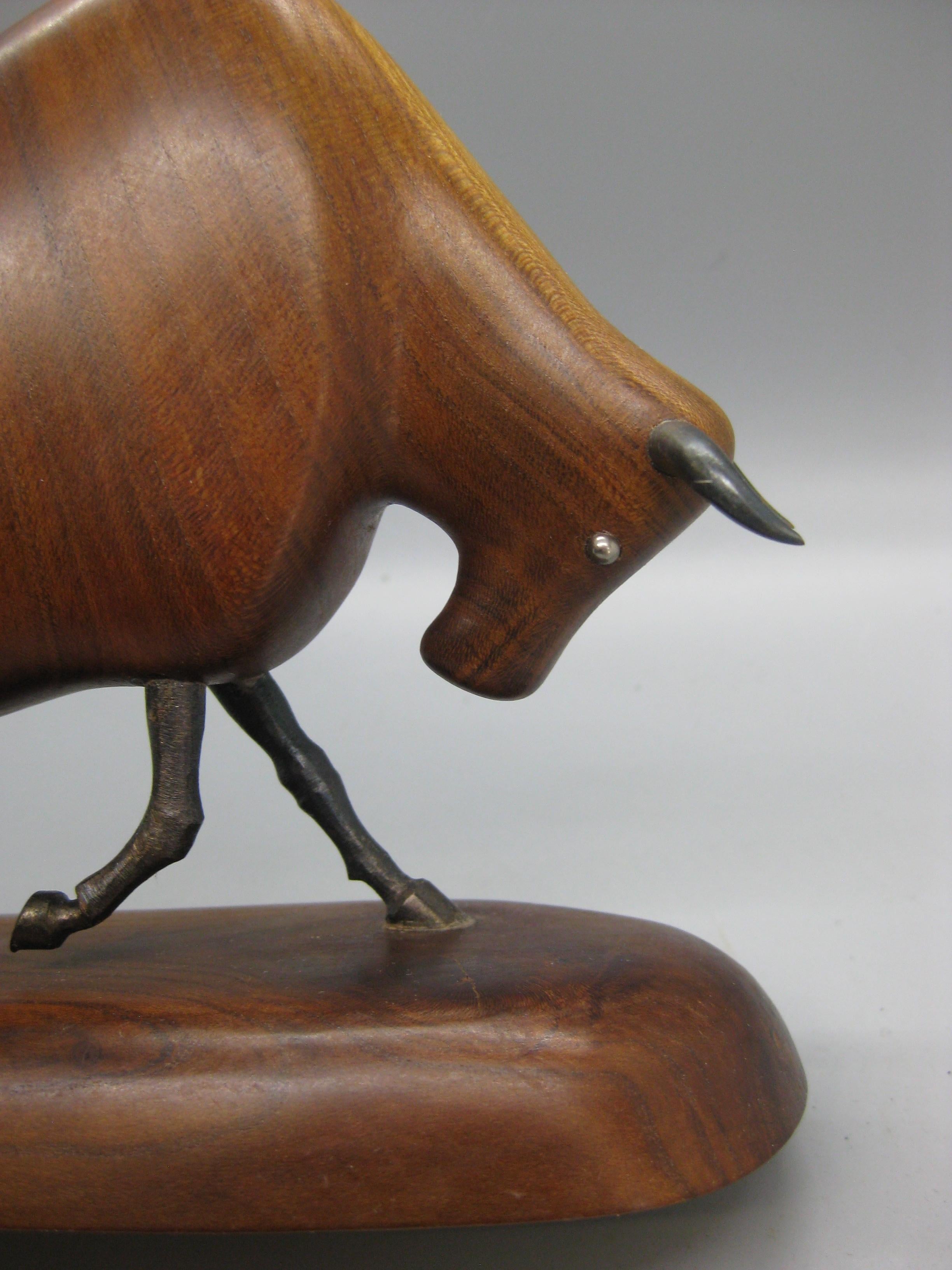 Vintage Modernist Carved Wood & Wrought Iron Bull Sculpture Artist Signed For Sale 4