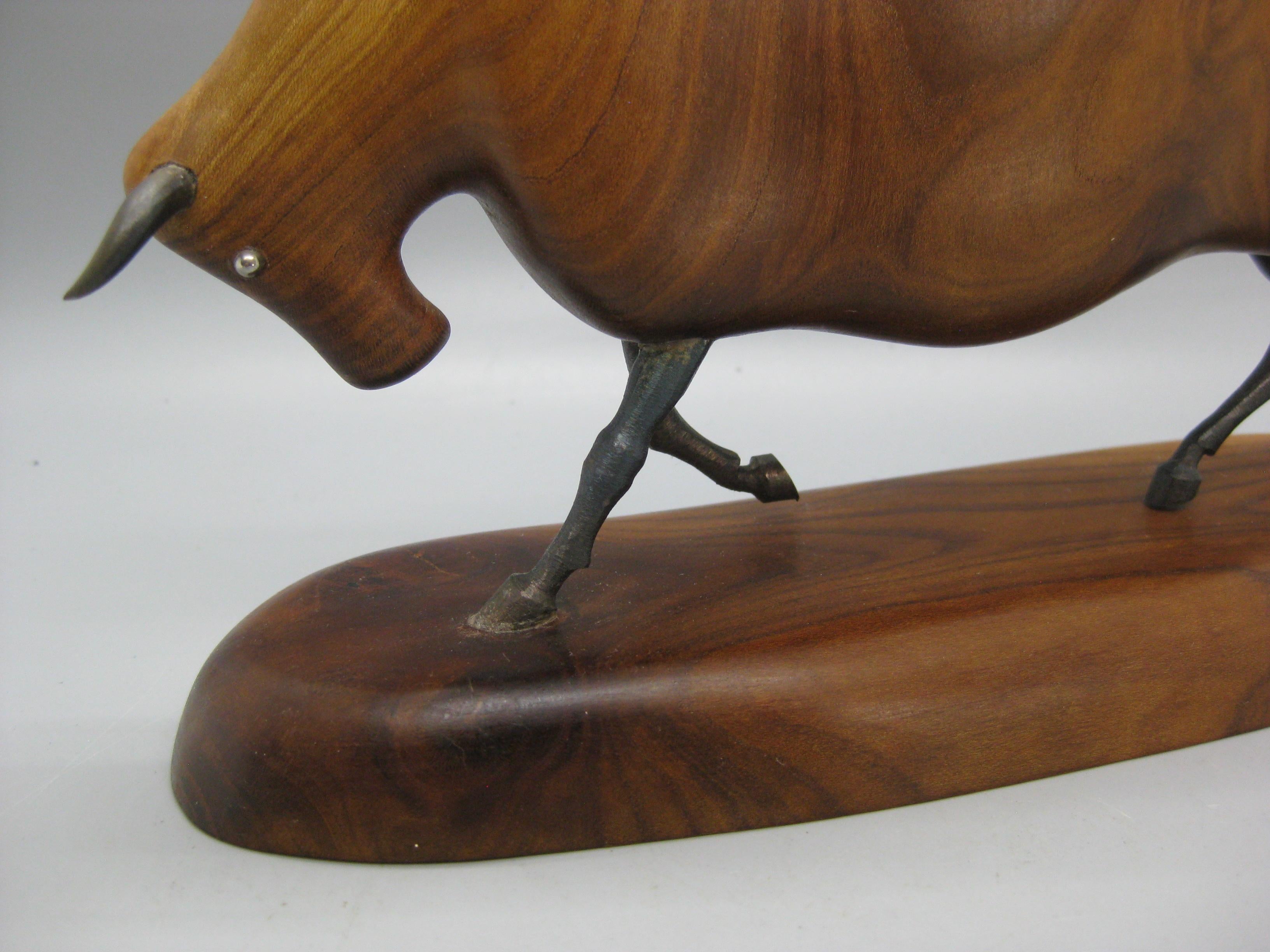 Hand-Carved Vintage Modernist Carved Wood & Wrought Iron Bull Sculpture Artist Signed For Sale