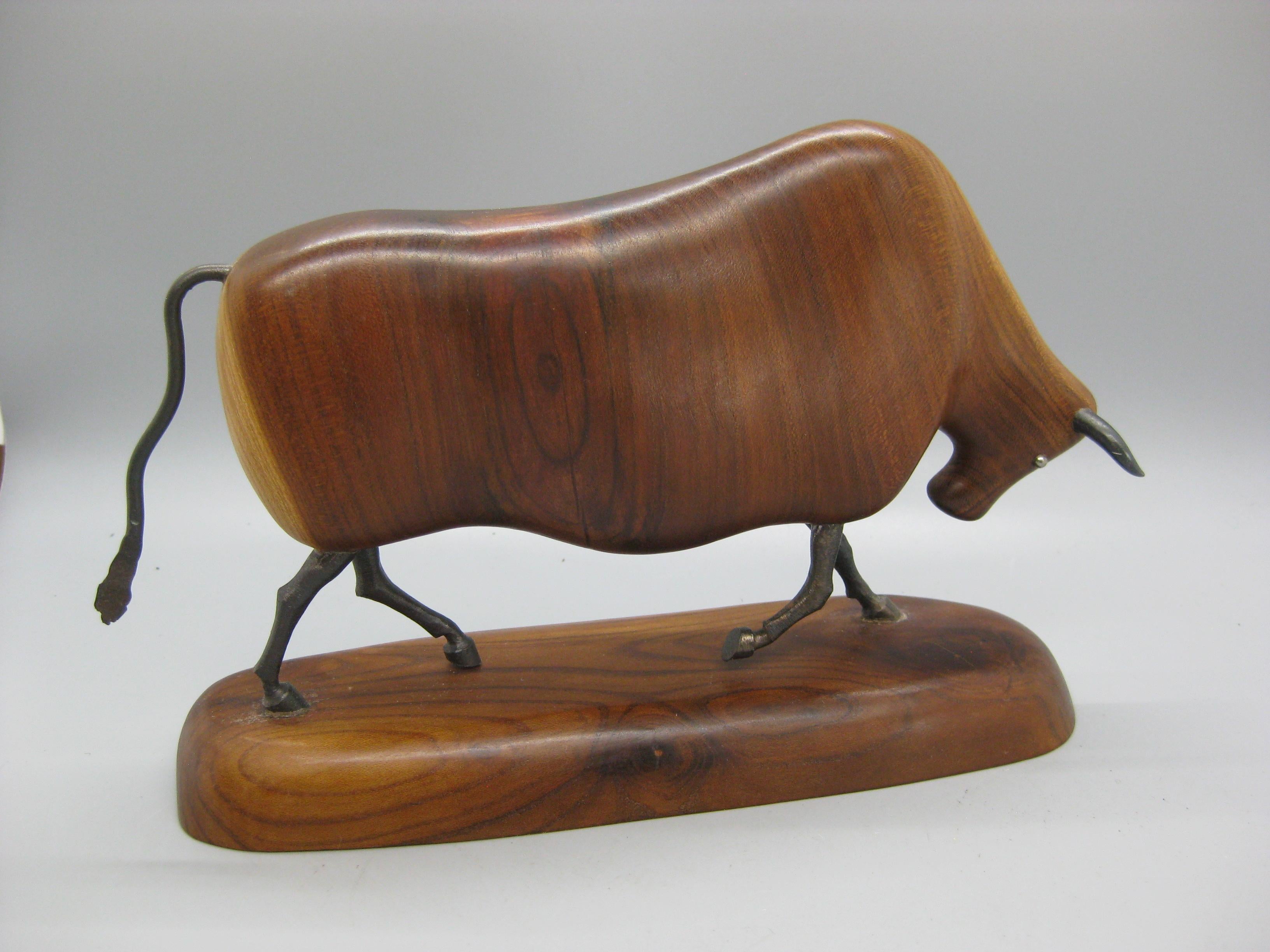 Vintage Modernist Carved Wood & Wrought Iron Bull Sculpture Artist Signed For Sale 1