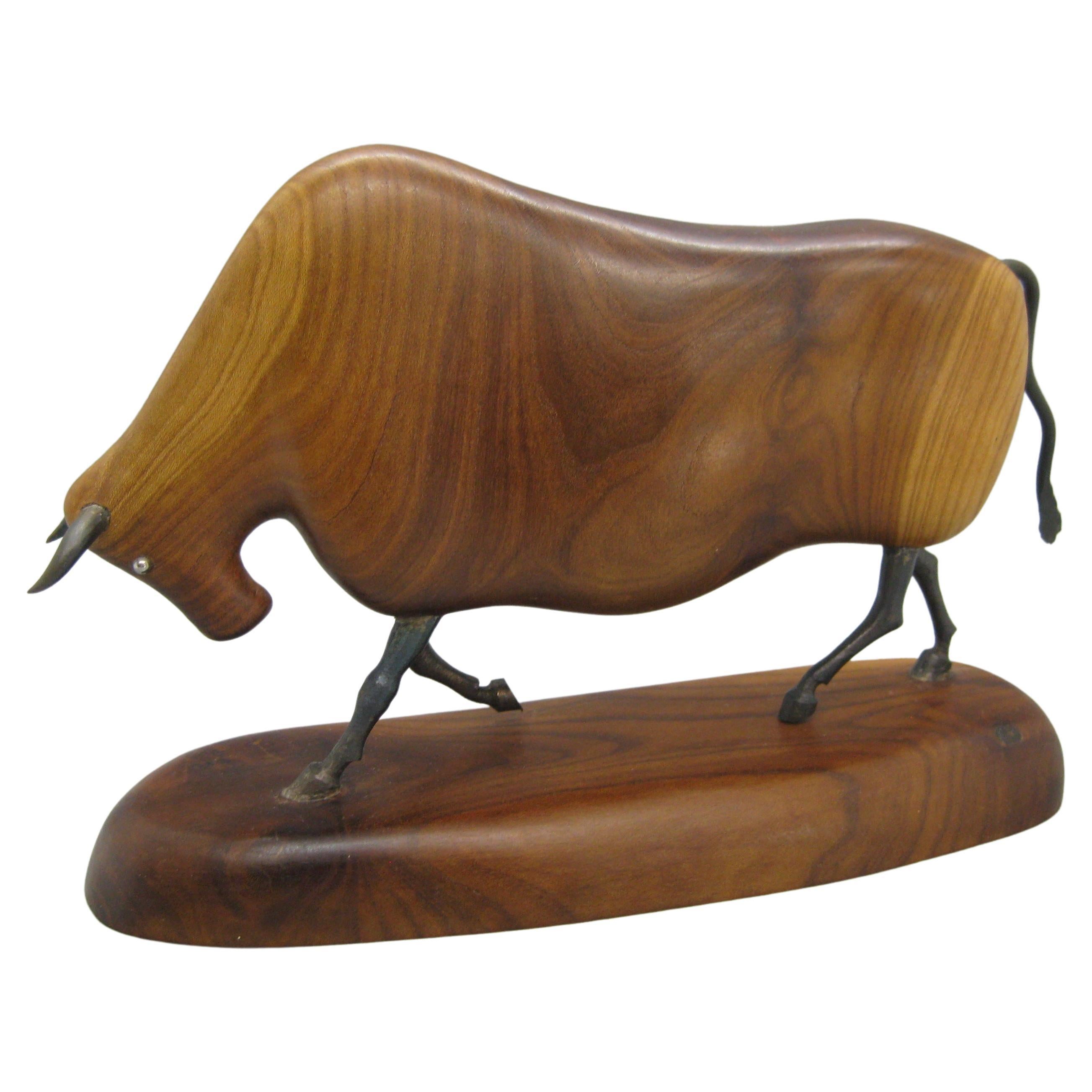 Vintage Modernist Carved Wood & Wrought Iron Bull Sculpture Artist Signed For Sale