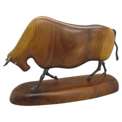 Vintage Modernist Carved Wood & Wrought Iron Bull Sculpture Artist Signed