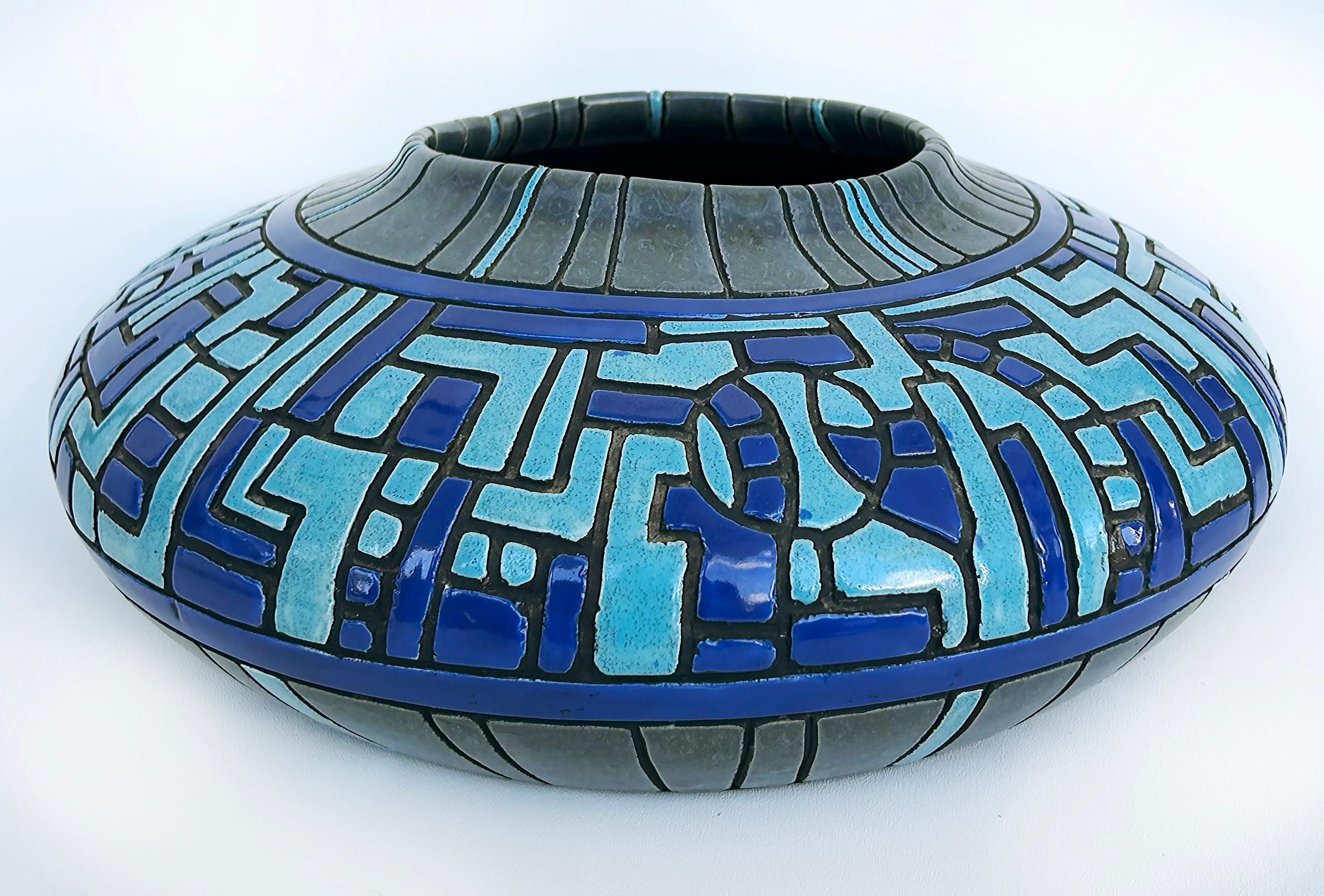 Glazed Vintage Modernist Ceramic Centerpiece Geometric Bowl, Signed  For Sale