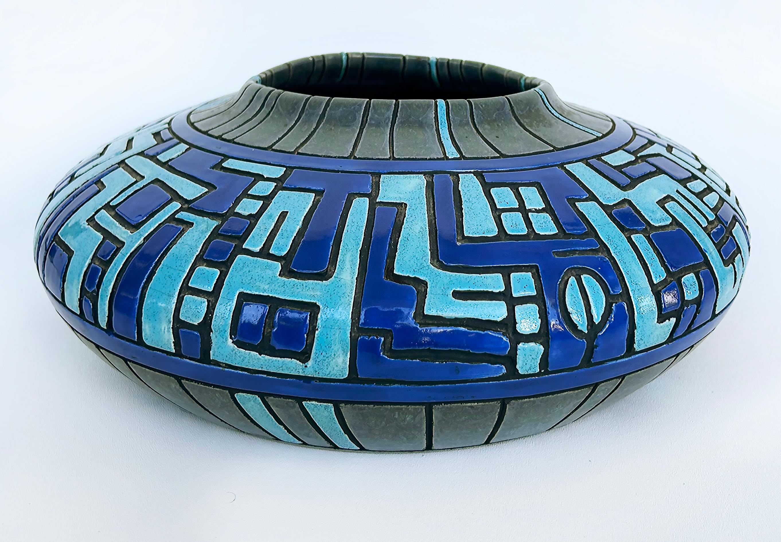 20th Century Vintage Modernist Ceramic Centerpiece Geometric Bowl, Signed  For Sale