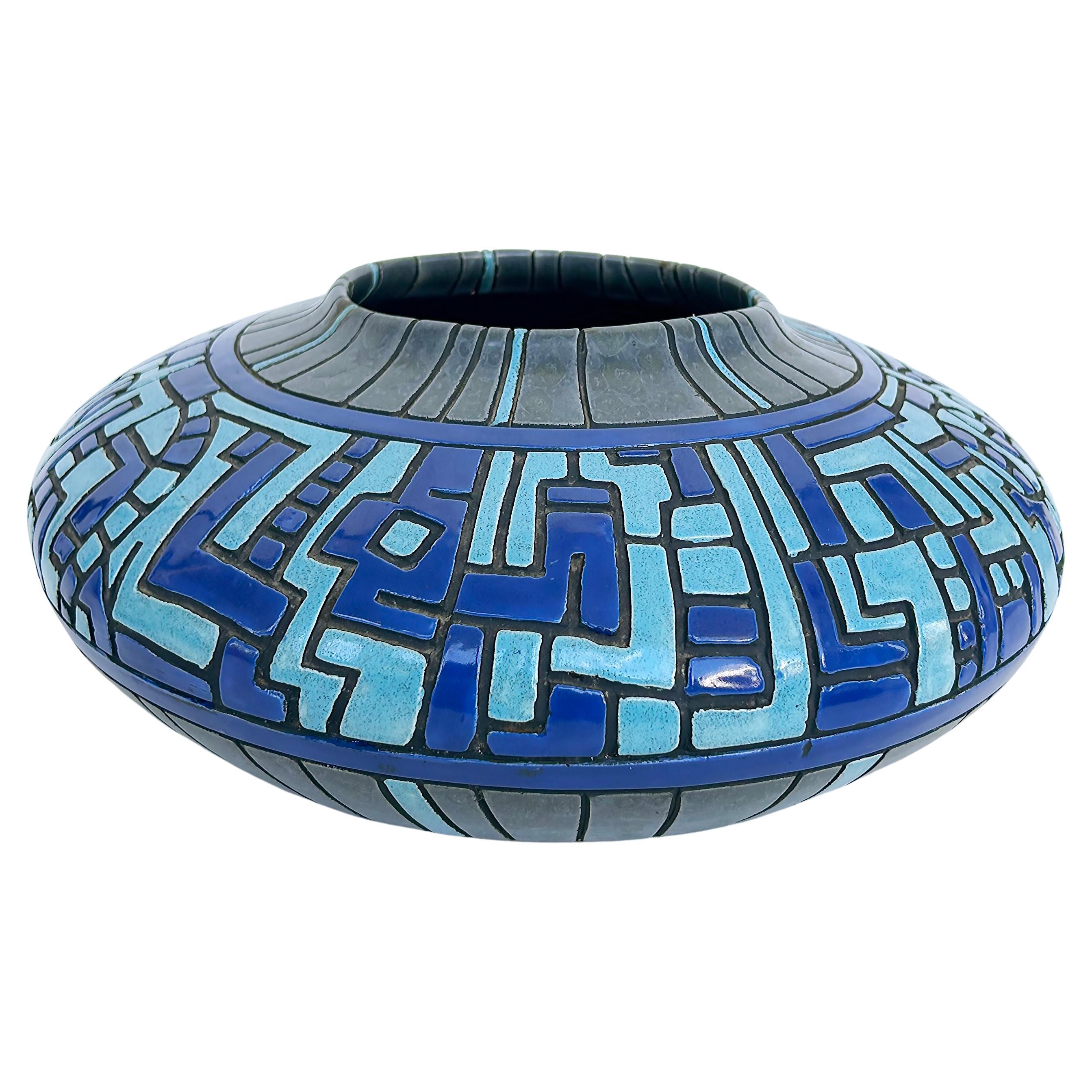 Vintage Modernist Ceramic Centerpiece Geometric Bowl, Signed 
