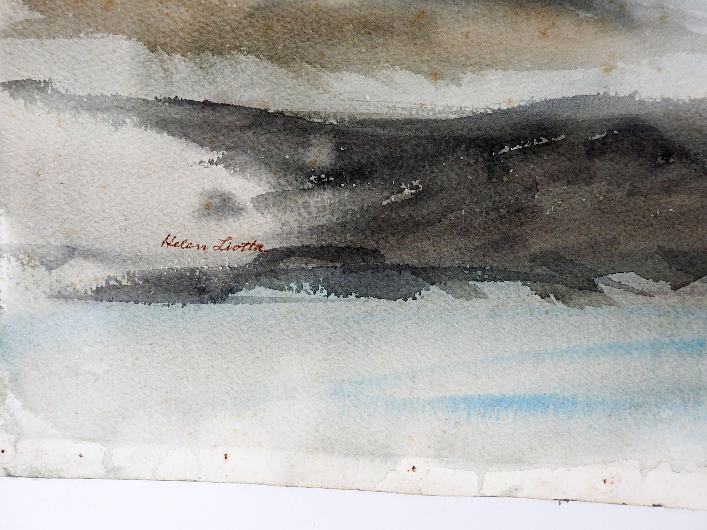 Vintage mid-20th century watercolor on paper California seascape painting. Signed Helen Liotta (20th Century) California, in turquoise, blue and grey. Unframed, overall foxing, edge wear.