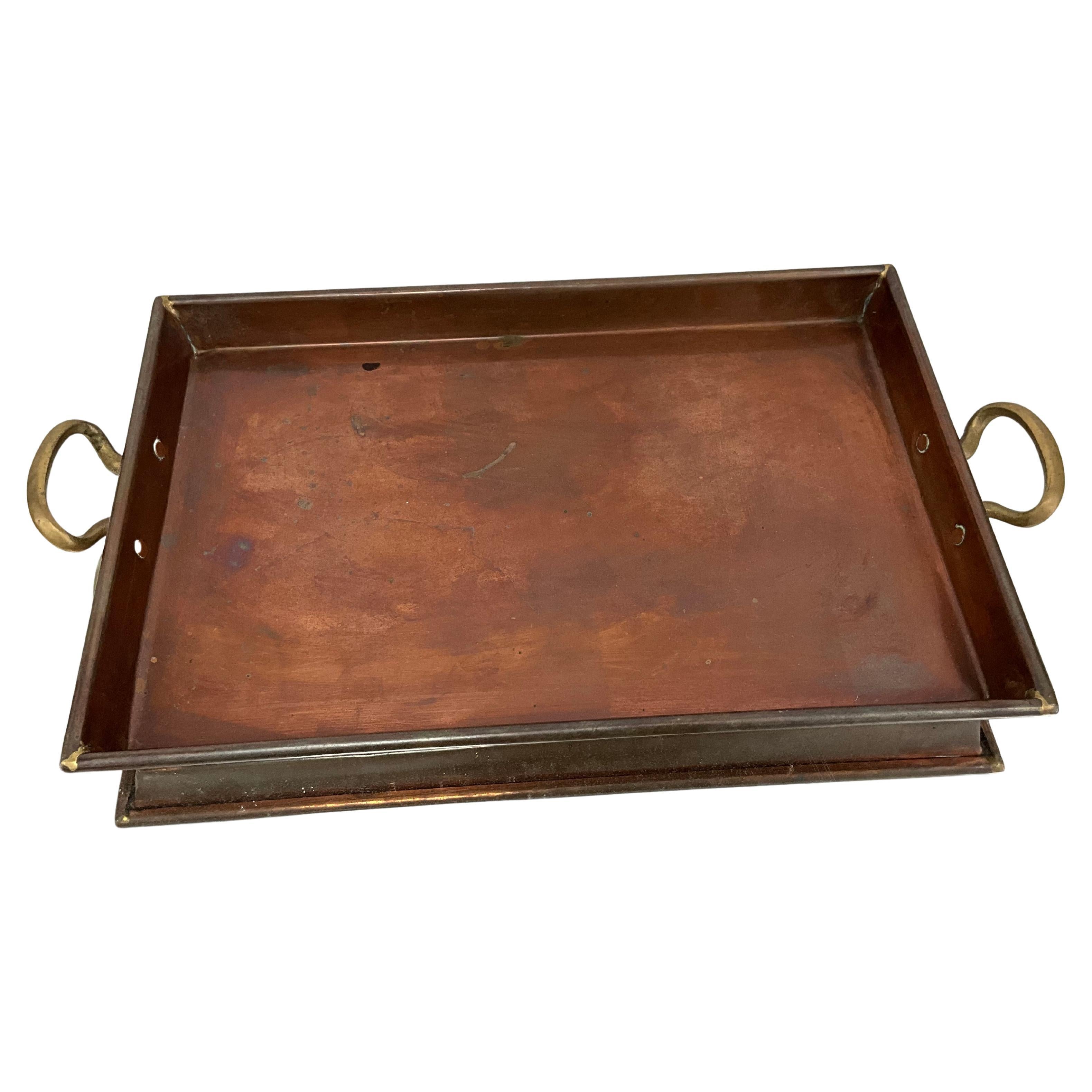 Vintage Modernist Copper Serving Tray with Brass Handles For Sale