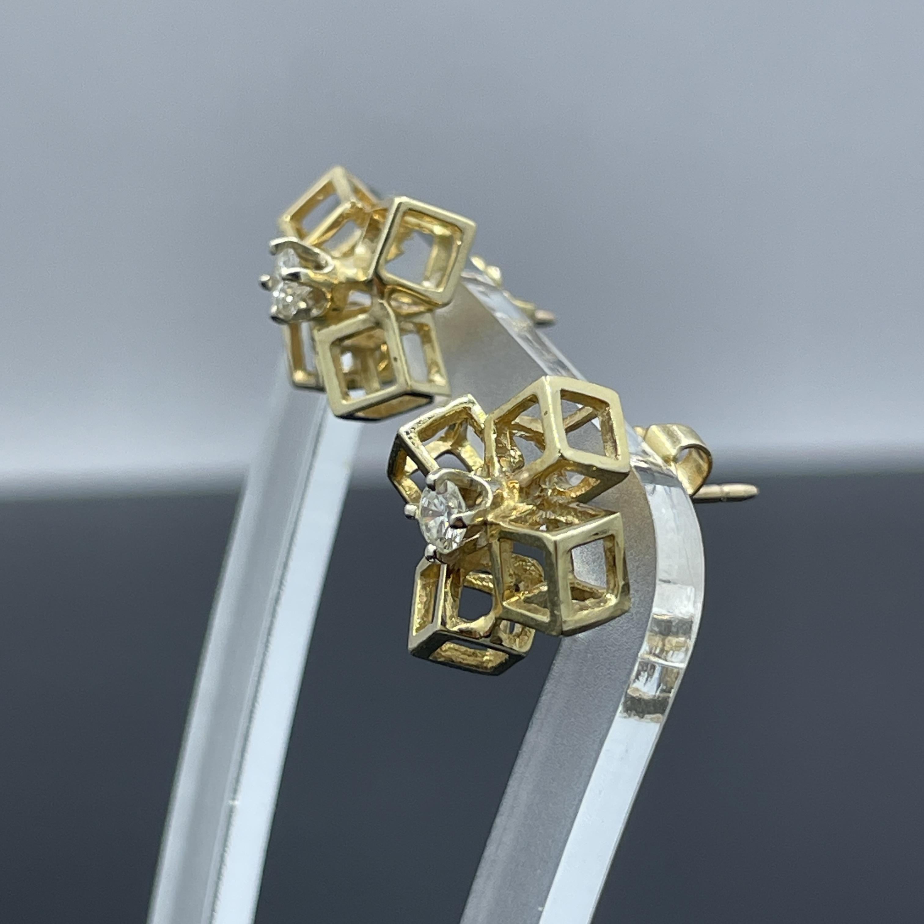 De las mujeres Pendientes Modernistas Vintage Cubo Diamante Oro Amarillo 14k