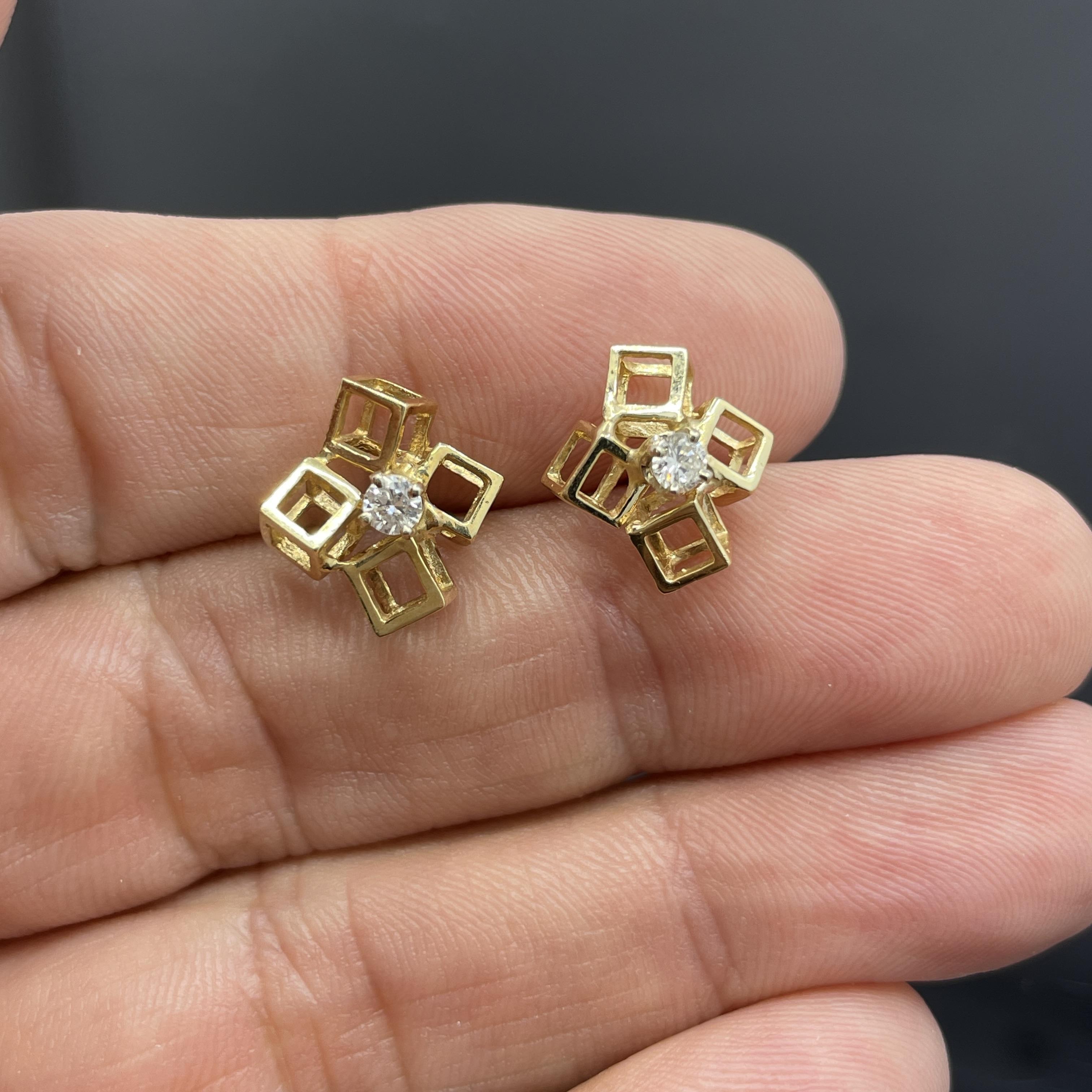 Pendientes Modernistas Vintage Cubo Diamante Oro Amarillo 14k 1