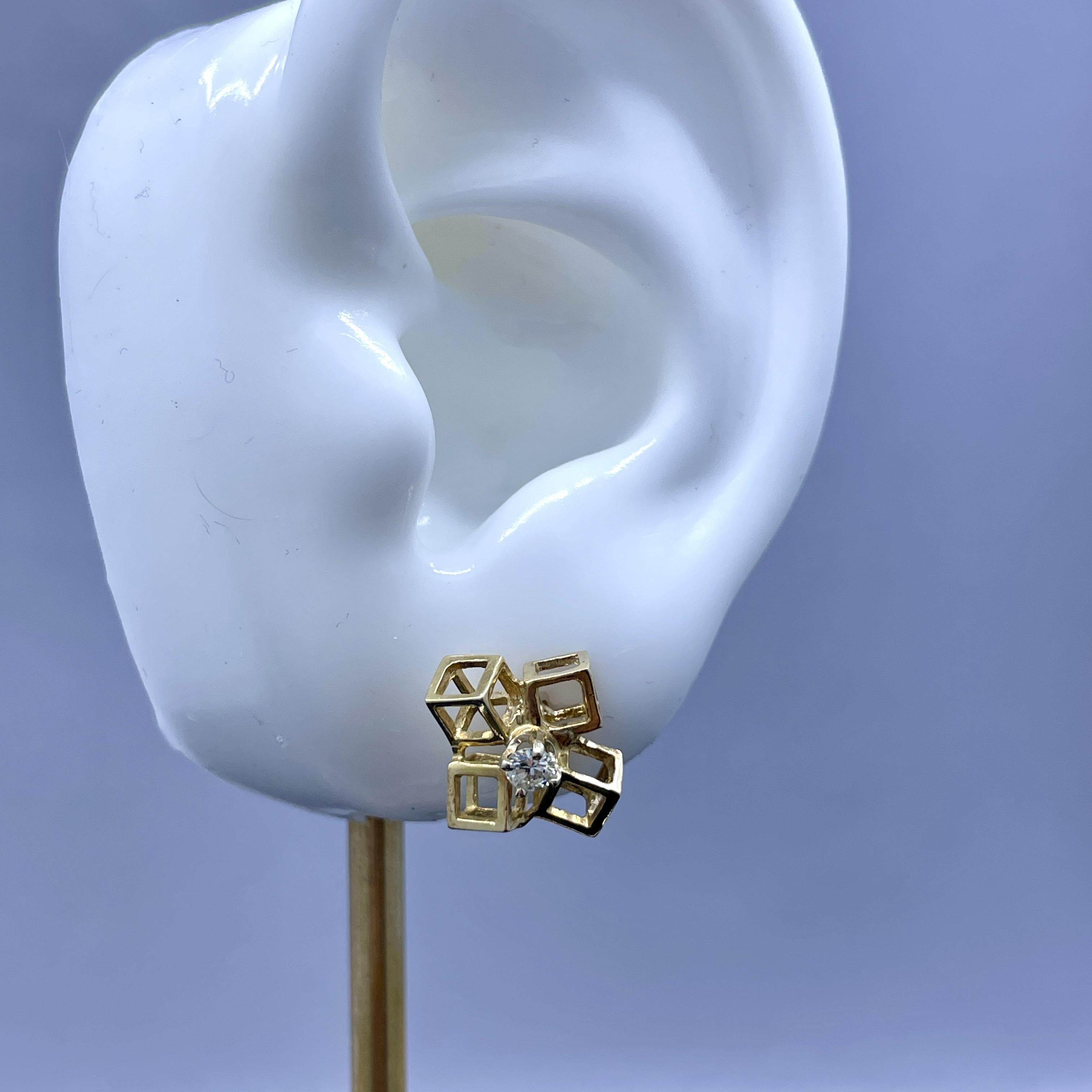 Pendientes Modernistas Vintage Cubo Diamante Oro Amarillo 14k 2