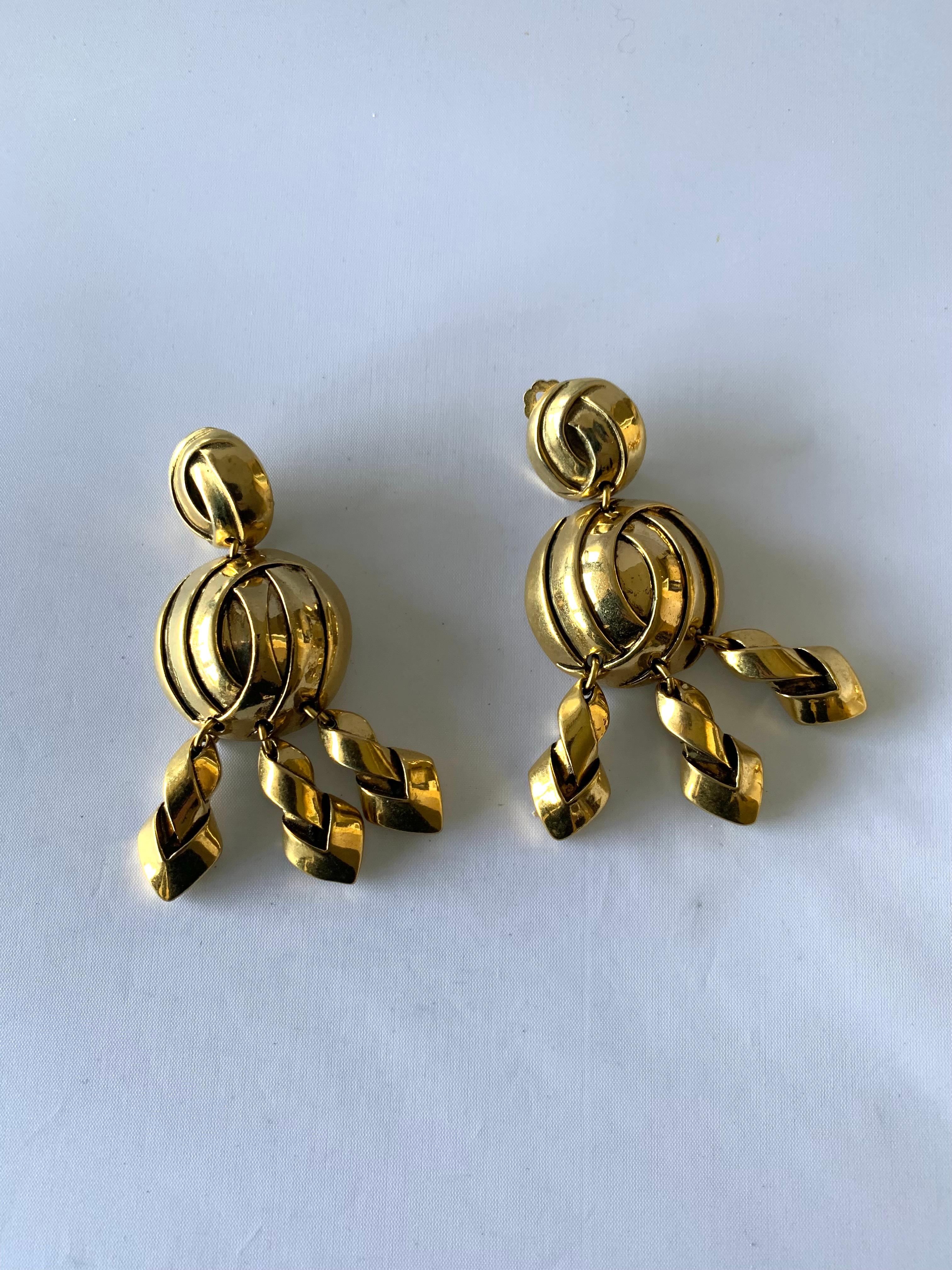 Contemporary Vintage Modernist Dangle French Gold Earrings 