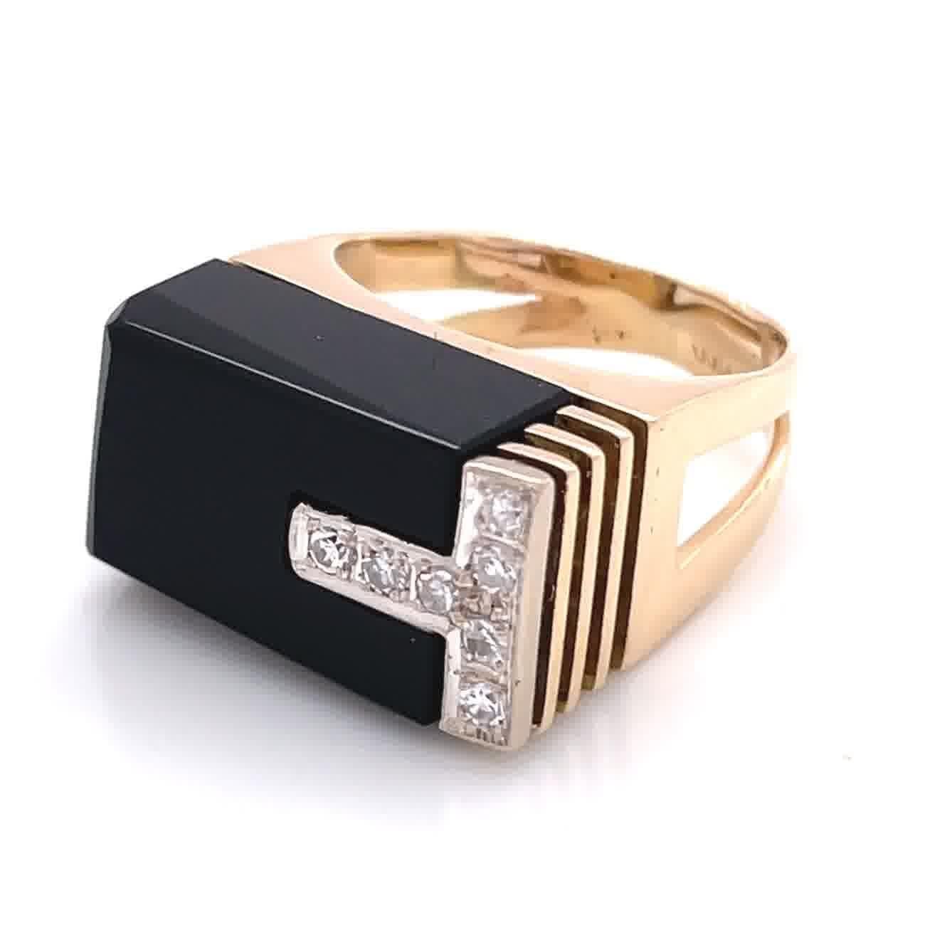 Modern, Cubism and Minimalism are synonymous with the 1960s era. Fewer, but bolder jewelry pieces were popular during that period. Now, this trend is starting to come back. Become the trend-setter with this Vintage Modernist Diamond Onyx 14k Gold