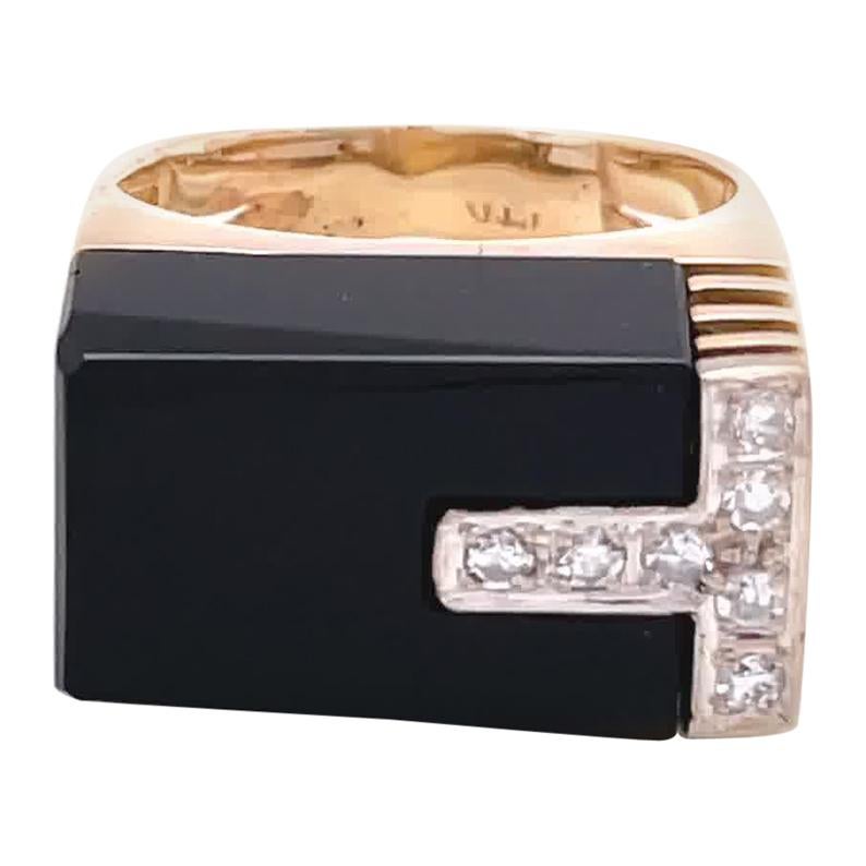 Vintage Modernist Diamond Onyx 14 Karat Gold Ring